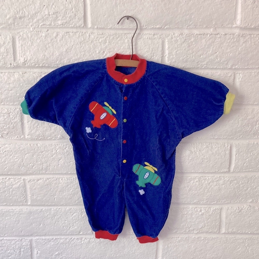 Vintage Infant Blue Corduroy Baby Airplane Jumpsuit
